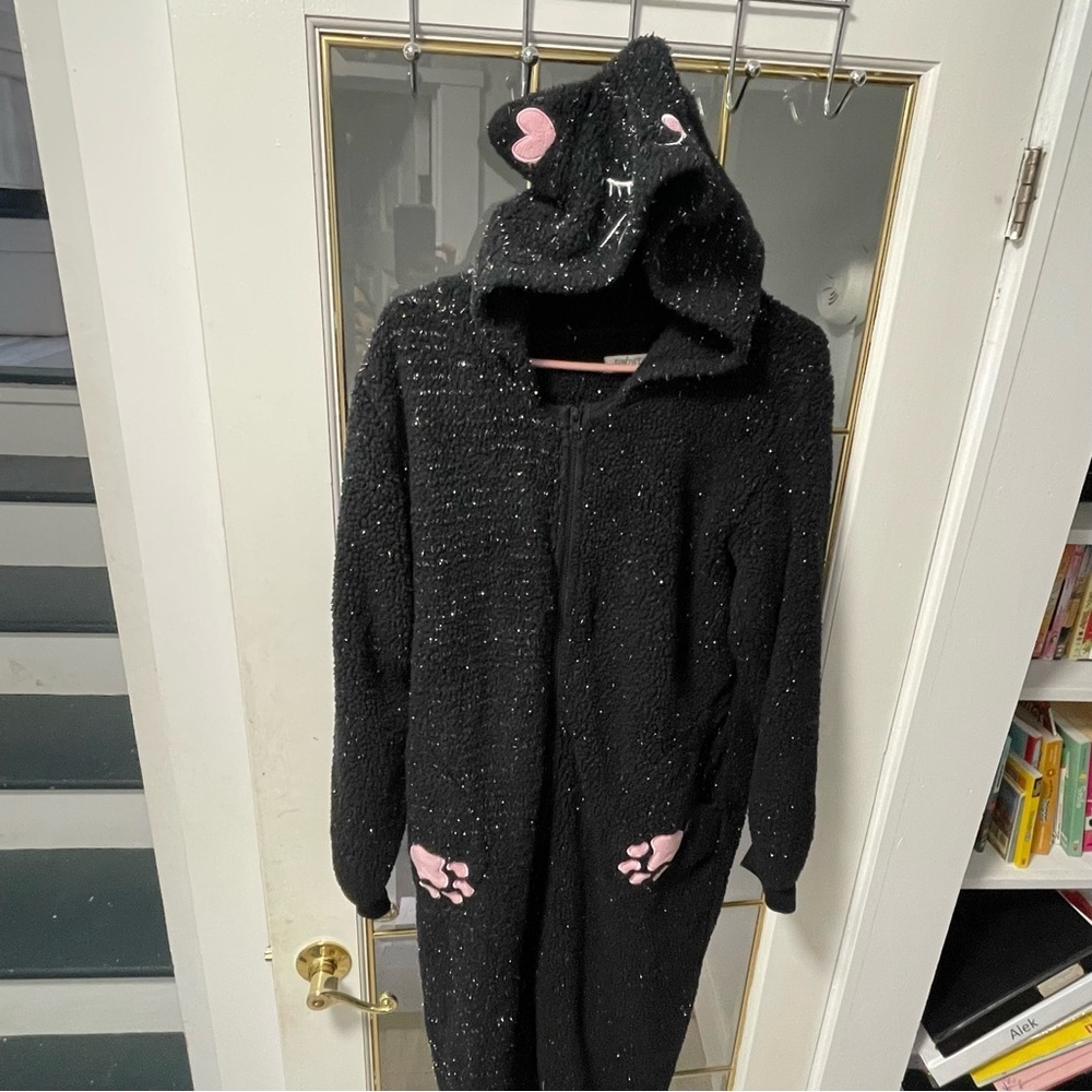Black cat 🐈⬛ Hooded Animal Onesie with Pink Accents Medium sparkling material
